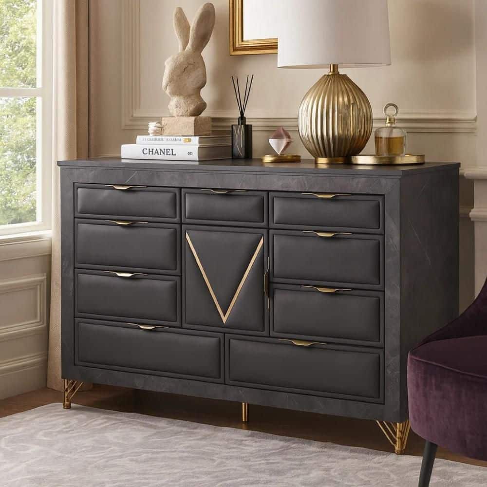 Semy Charcoal Gray and Gold 9 Drawer 63 in. Wide Dresser