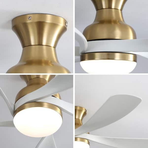 52 in. Smart Gold Indoor White Blade Flush Mount Ceiling Fan with 3-Color Dimmable LED Light, Remote and Voice Control
