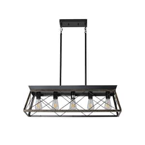 5-Light Golden Black Metal Farmhouse Chandelier with Rustic Rectangular Island Frame (No Bulbs Included)