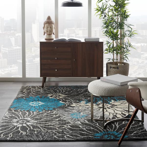 Passion Charcoal/Blue 4 ft. x 6 ft. Floral Contemporary Area Rug