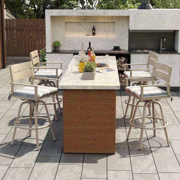 Crestlive Products Aluminum Outdoor Bar Stool Wood Patterned Frame with Sunbrella Colored Cushion (4-Pack)