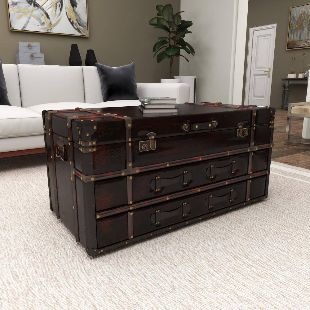 Vintage Brown Wood Trunk Coffee Table with Storage