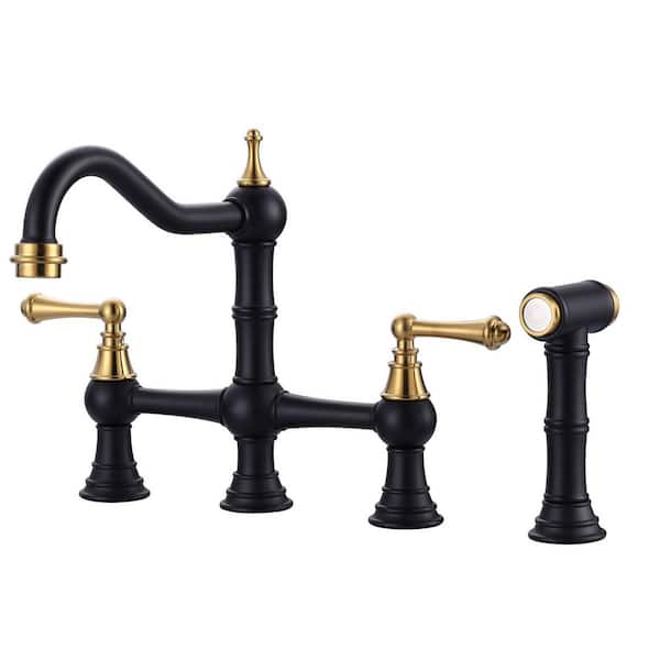Vintage Double Handle Bridge Kitchen Faucet with Side Sprayer in Gold and Black