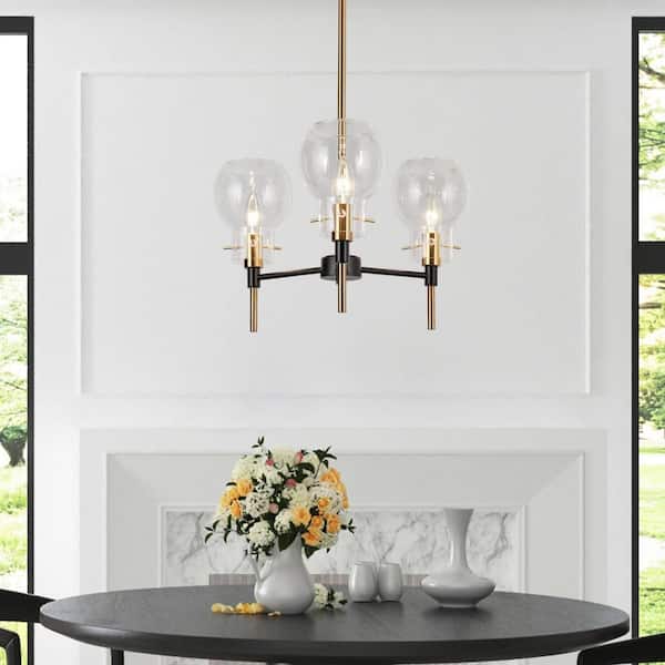 Modern Farmhouse Chandelier, 3-Light Globe Clear Glass Hanging Light, Brass/Black Pendant Lights for Kitchen Island