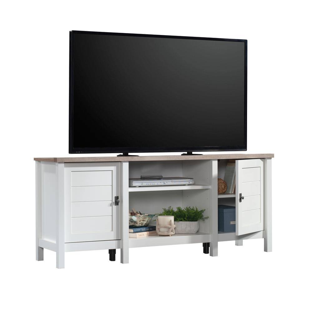 Soft White Farmhouse TV Stand with Cabinets and Shelves