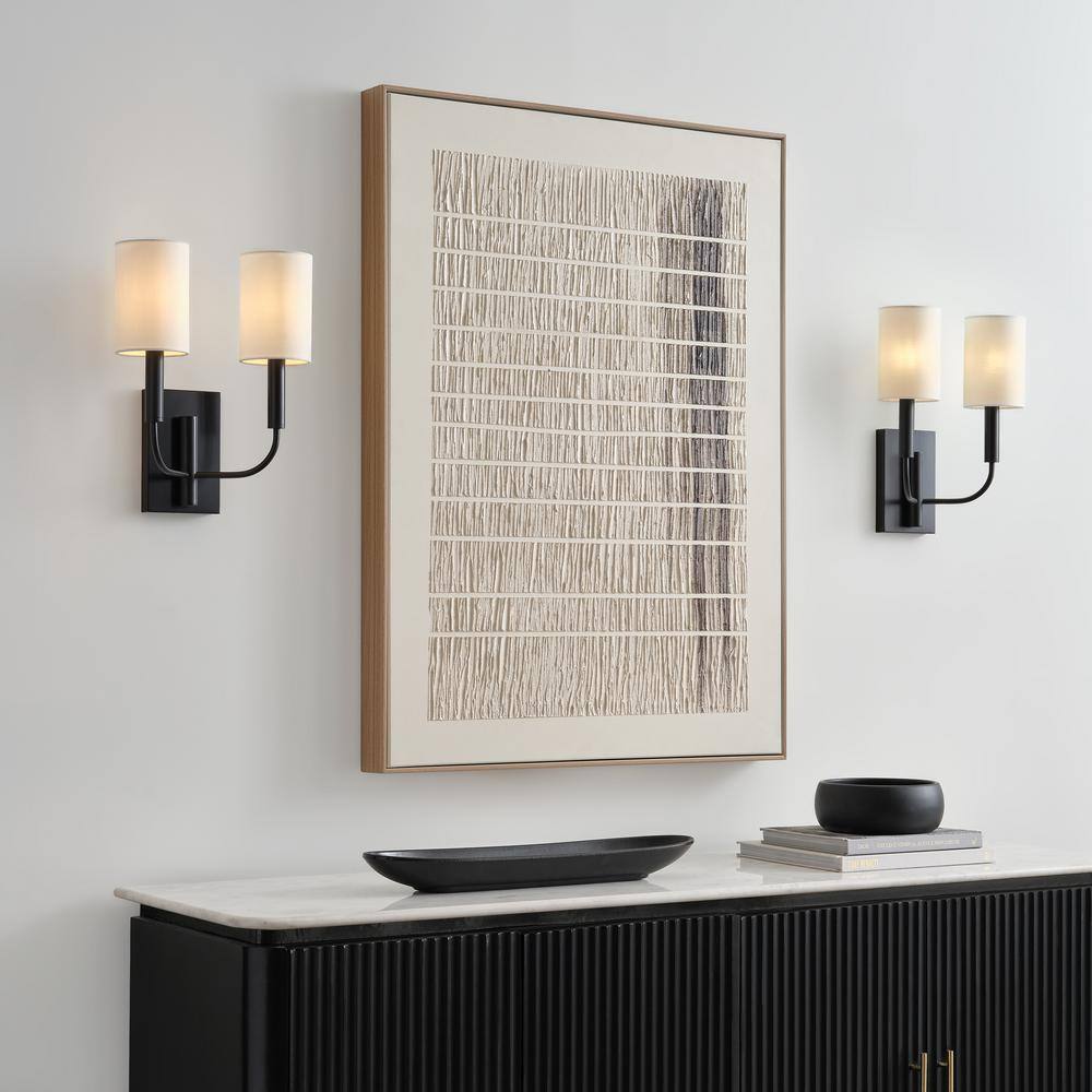 Brianna Aged Iron 2-Light Wall Sconce with White Linen Shade