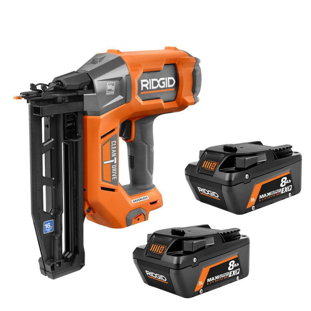 RIDGID 18V Brushless Cordless 16-Gauge 2-1/2 in. Straight Finish Nailer with 18V 8.0 Ah Max Output EXP Battery (2-Pack) (R09893R840080P)