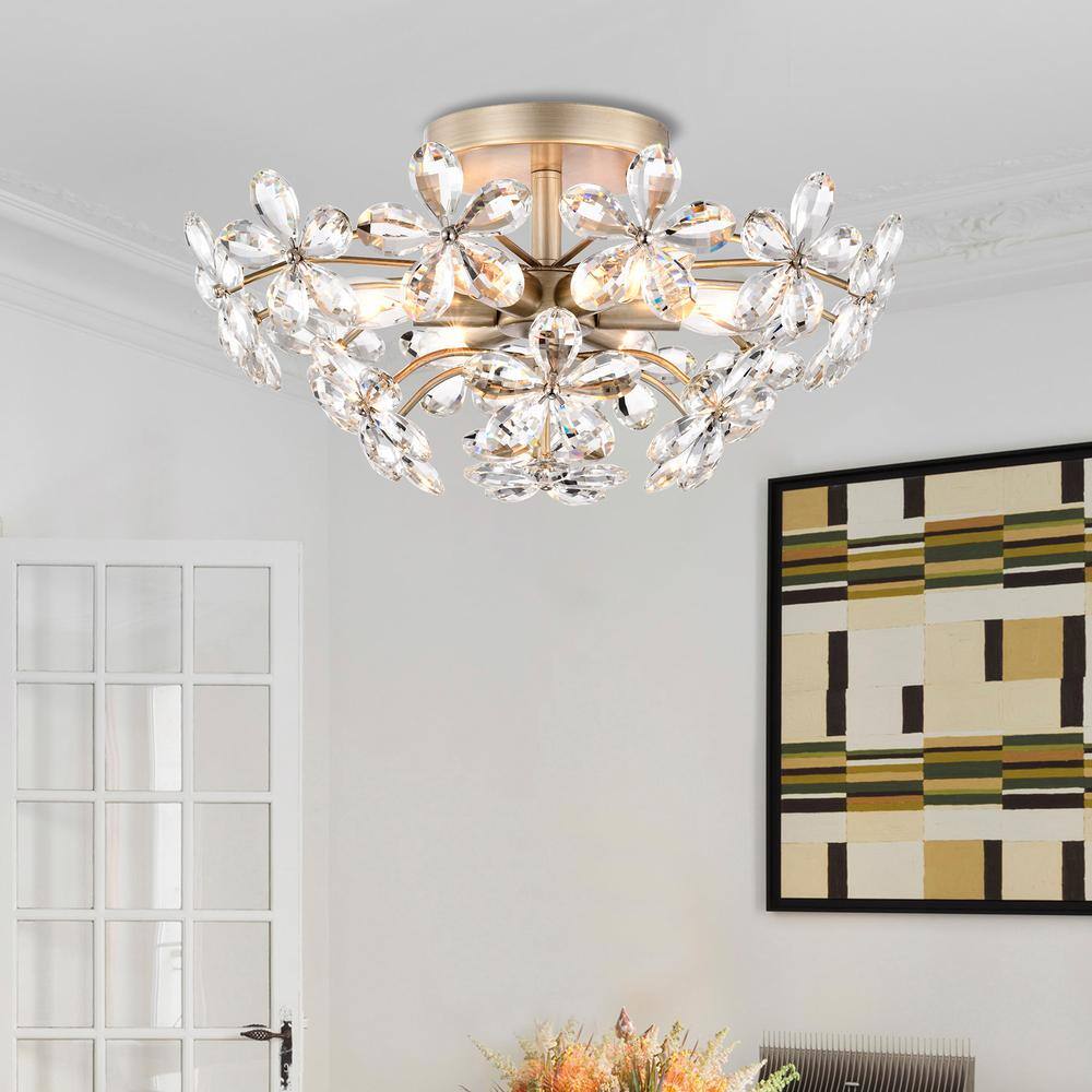 Teresa 17.7 in. Champagne and Silver Crystal Flower Flush Mount Light