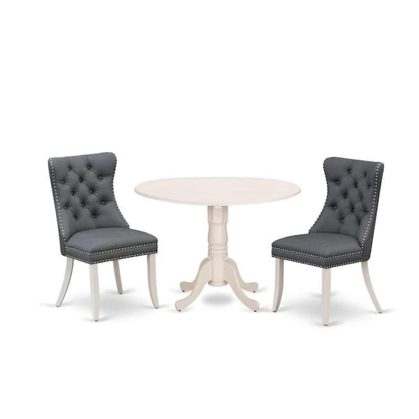 East West Furniture 3-Piece Linen white Solid Wood Top-Round Upholstered Dining Room Set with Dropleaf-Seats 4