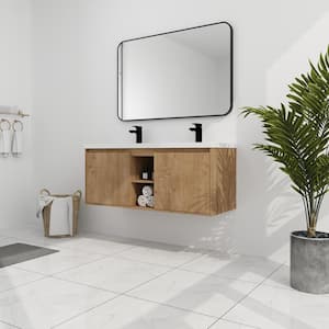 48 in. W x 18 in. D x 20.5 in. H Wall Mounted Bath Vanity With Double Sink,Soft Closing Door Hinge,White Resin Top,Oak