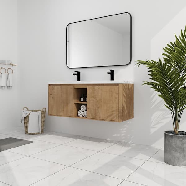 ANGELES HOME 48 in. W x 18 in. D x 20.5 in. H Wall Mounted Bath Vanity With Double Sink,Soft Closing Door Hinge,White Resin Top,Oak