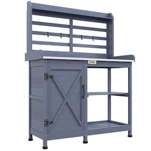 Wooden Potting Bench, Outdoor Potting Table with Storage Cabinet, Storage Shelves, Aluminum Tabletop, Gray