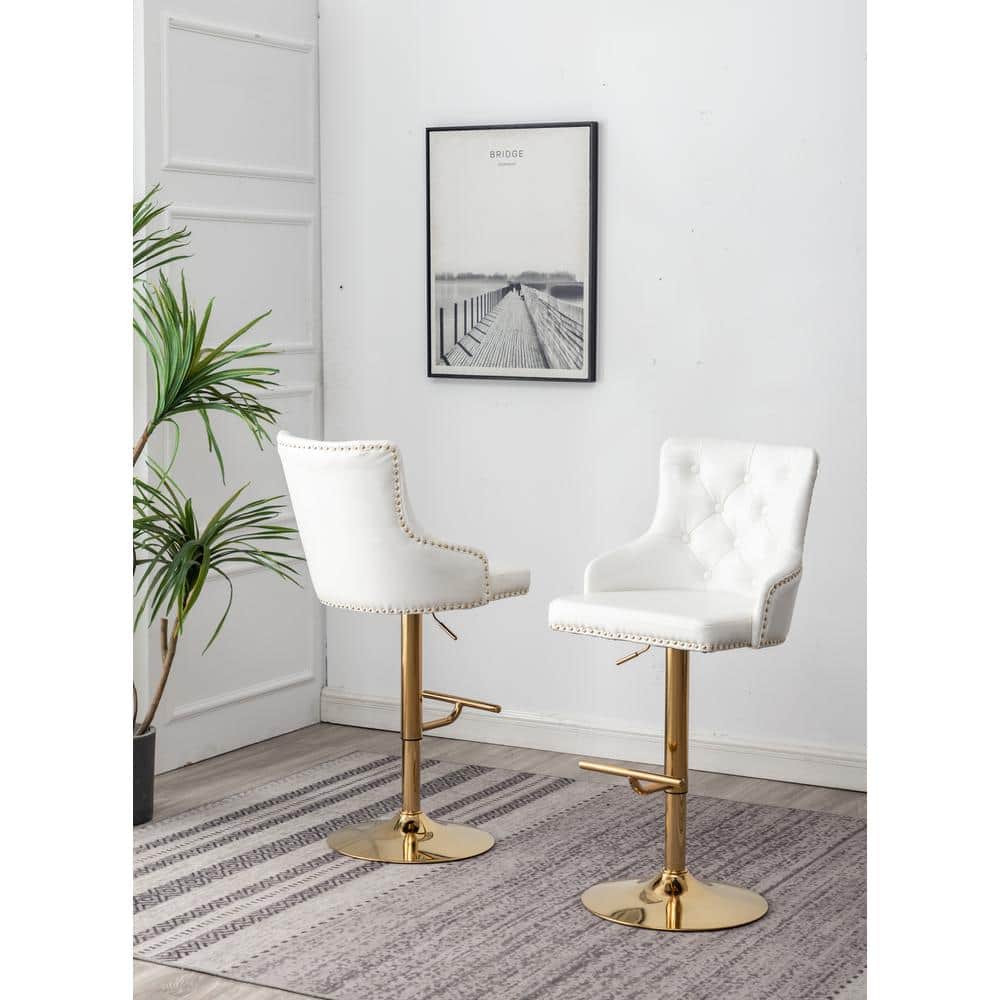 White Tufted Leather Adjustable Swivel Bar Stool with Gold Base