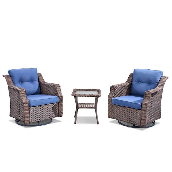 3-Piece Wicker Swivel Patio Conversation Set, Swivel Chairs and Side Table with Blue Cushions