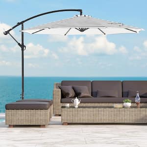 Bayshore Outdoor 10 ft. Hanging Offset Cantilever Patio Umbrella with Easy Crank Lift and Cross Base, Gray/White Stripe