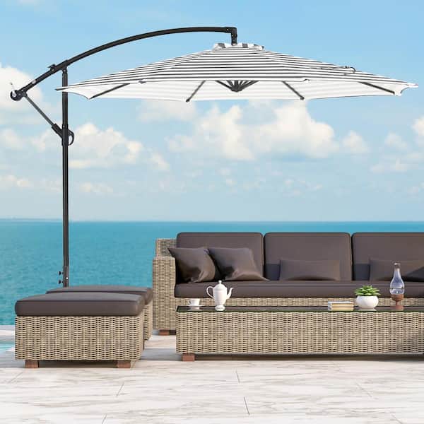Bayshore Outdoor 10 ft. Hanging Offset Cantilever Patio Umbrella with Easy Crank Lift and Cross Base, Gray/White Stripe