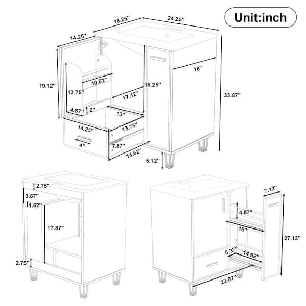 JUJABU 24 in. Freestanding White Bath Vanity with White Ceramic