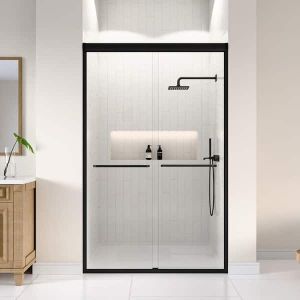 48 in. W x 72 in. H Double Sliding Framed Shower Door in Matte Black with SGCC 1/4 in. (6 mm) Tempered Clear Glass