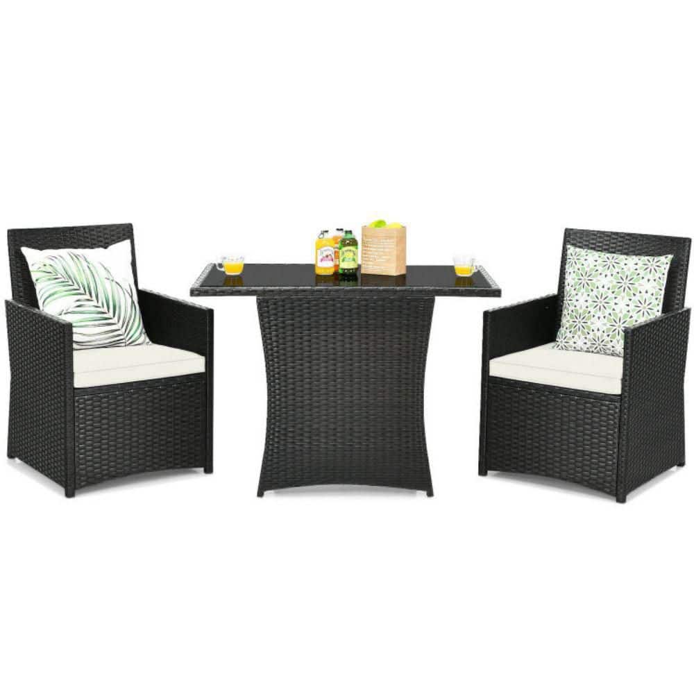 3-Piece Black Steel and Glass Patio Bistro Set with White Cushions