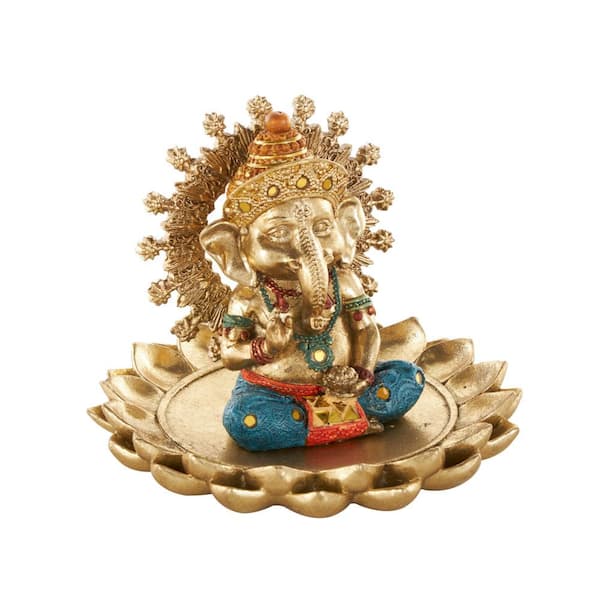 Litton Lane Gold Resin Ganesh Sculpture with Lotus Plate and Colorful Dresswear