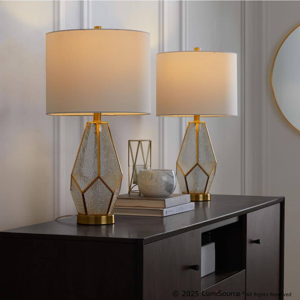 Geo Rain 24.75 in. White Glass, Gold Metal and White Linen Table Lamp (Set of 2) price history on PriceWatchPro