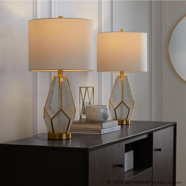 Geo Rain 24.75 in. White Glass, Gold Metal and White Linen Table Lamp (Set of 2)