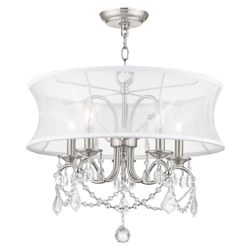 Newcastle Brushed Nickel 5-Light Chandelier with Crystal Drops and Silk Shade