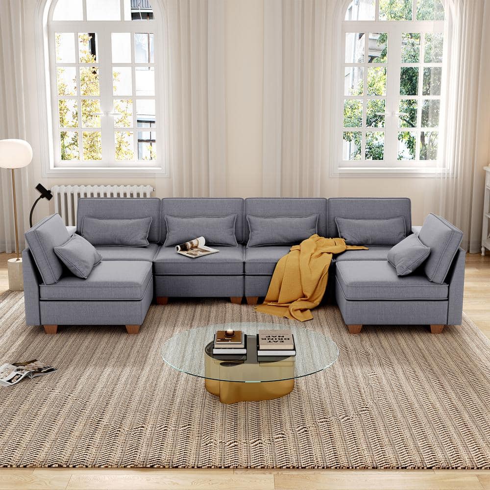STICKON 115.8 in. W Modular Square Arm Linen U Shaped