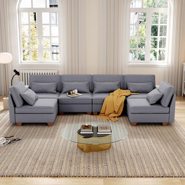STICKON 115.8 in. W Modular Square Arm Linen U Shaped Sectional Sofa in Light Grey with Storage Seats and Phone Holder