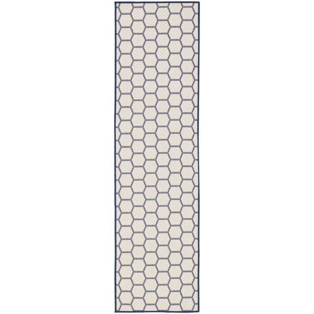 Navy and White Geometric Flat Woven Reversible Runner Rug