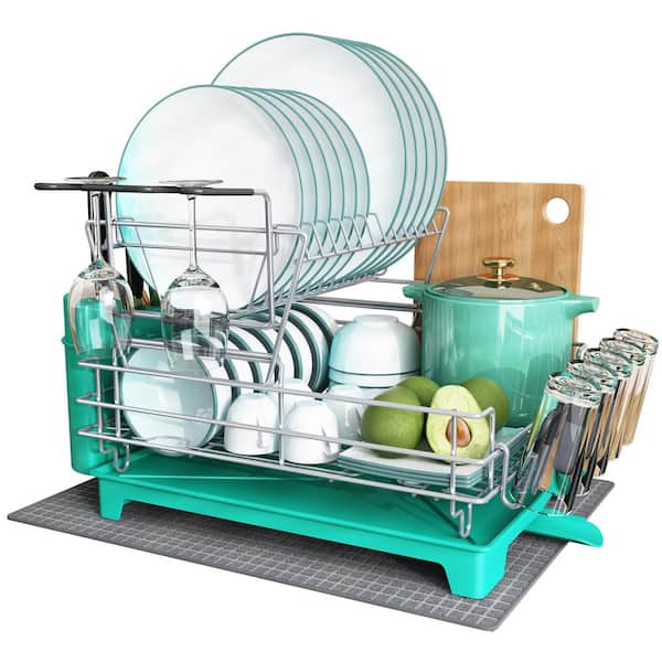 JASIWAY 2-Tier Metal Standing Dish Rack in Dark Gray with Wine Glasses Rack