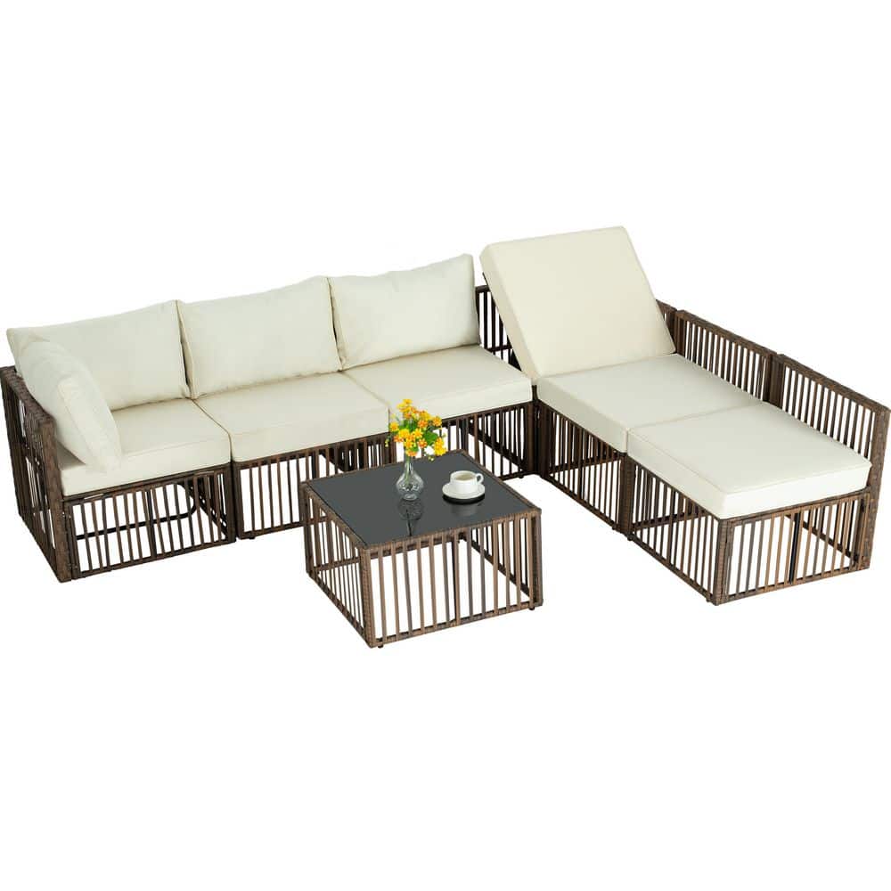 7-Piece All-Weather Wicker Brown Outdoor Patio Conversation Set with Beige Cushions price history on PriceWatchPro