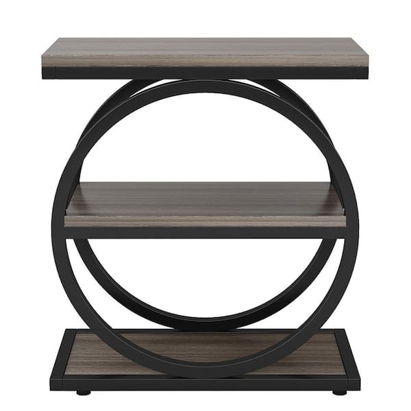 Kerlin 23.62 in. Gray Rectangle Wood End Table with 2 Tiers Storage Shelves and Geometric Base