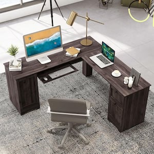 66.5 in. L-Shaped Dark Brown Home Office Desk Corner Computer Desk Keyboard Tray Brown