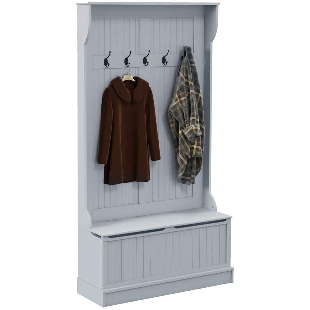 38 in. 3-In-1 Entryway Hall Tree with Storage Bench, Coat Rack with Four Hooks and Shoe Storage, Gray -  HOMCOM, 831-181V80GY