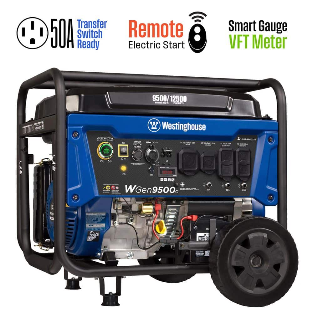 Westinghouse 12,500/9,500-Watt Gas Powered Portable Generator with Remote Electric Start, 50 Amp Outlet