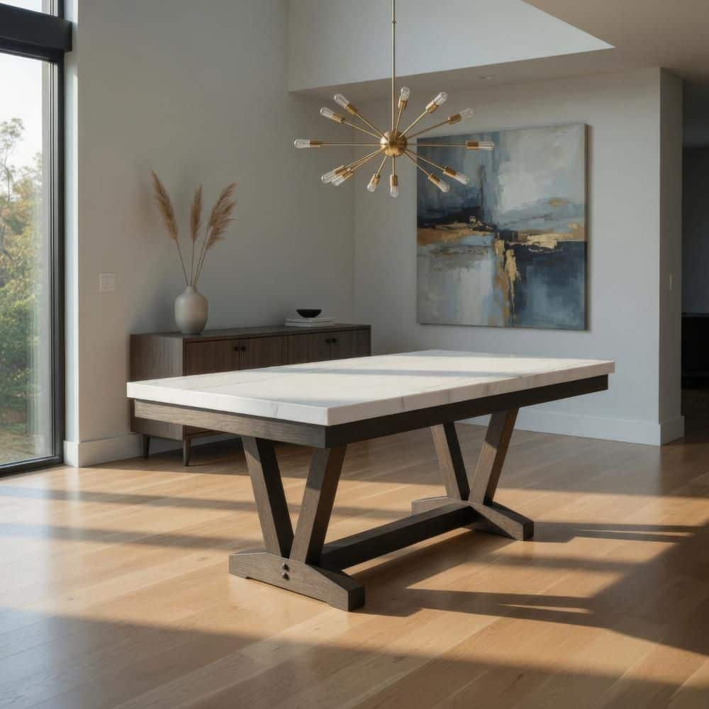 Benjara Viem Black and White Marble 72 in. Trestle Base Dining Table ...