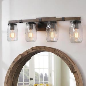 29 in. 4-Lights Bronze Farmhouse Rustic Bathroom Vanity Light with Painted Wood Accents and Seeded Mason Jar Glass Shade