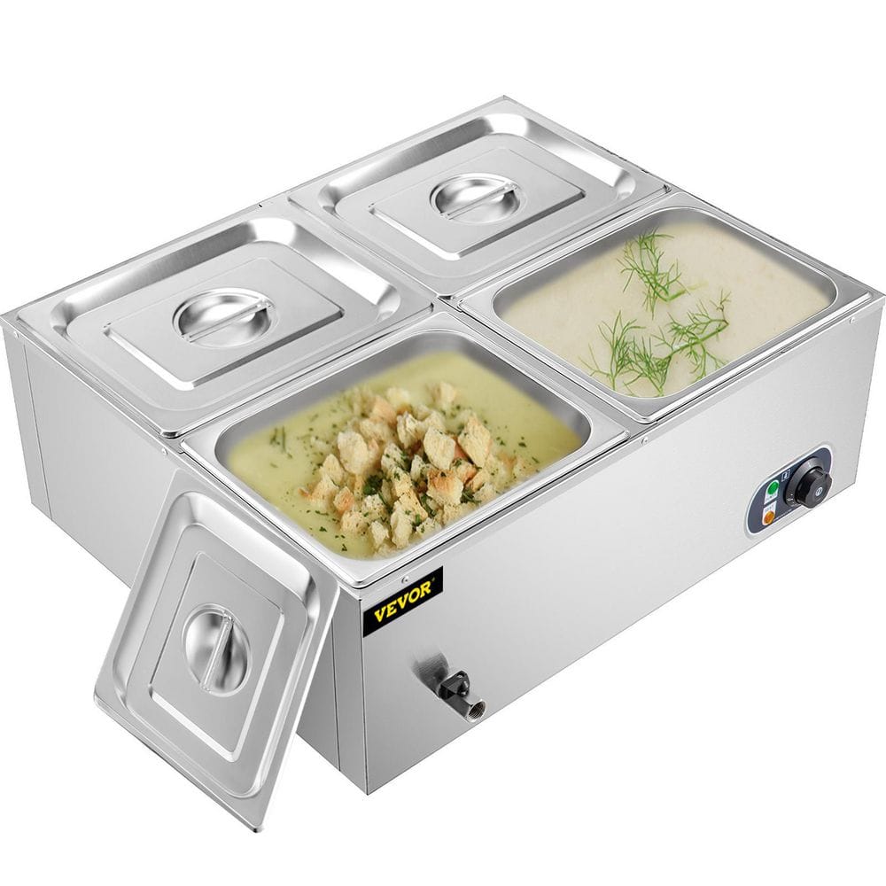 Restlrious 16 QT Commercial Food Warmer Buffet Bain, 4-Pan Stainless Steel  & Electric 4 QT/Pan Steam Table, Temp Control Soup Warmer with Lid and Tap