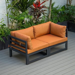 Chelsea Modern Black 2-Piece Aluminum Outdoor Patio Sectional Loveseat with Orange Cushions