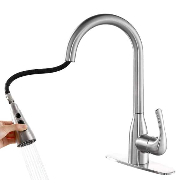 Zalerock Single Handle Pull Down Sprayer Kitchen Faucet with Deckplate Included in Brushed Nickel