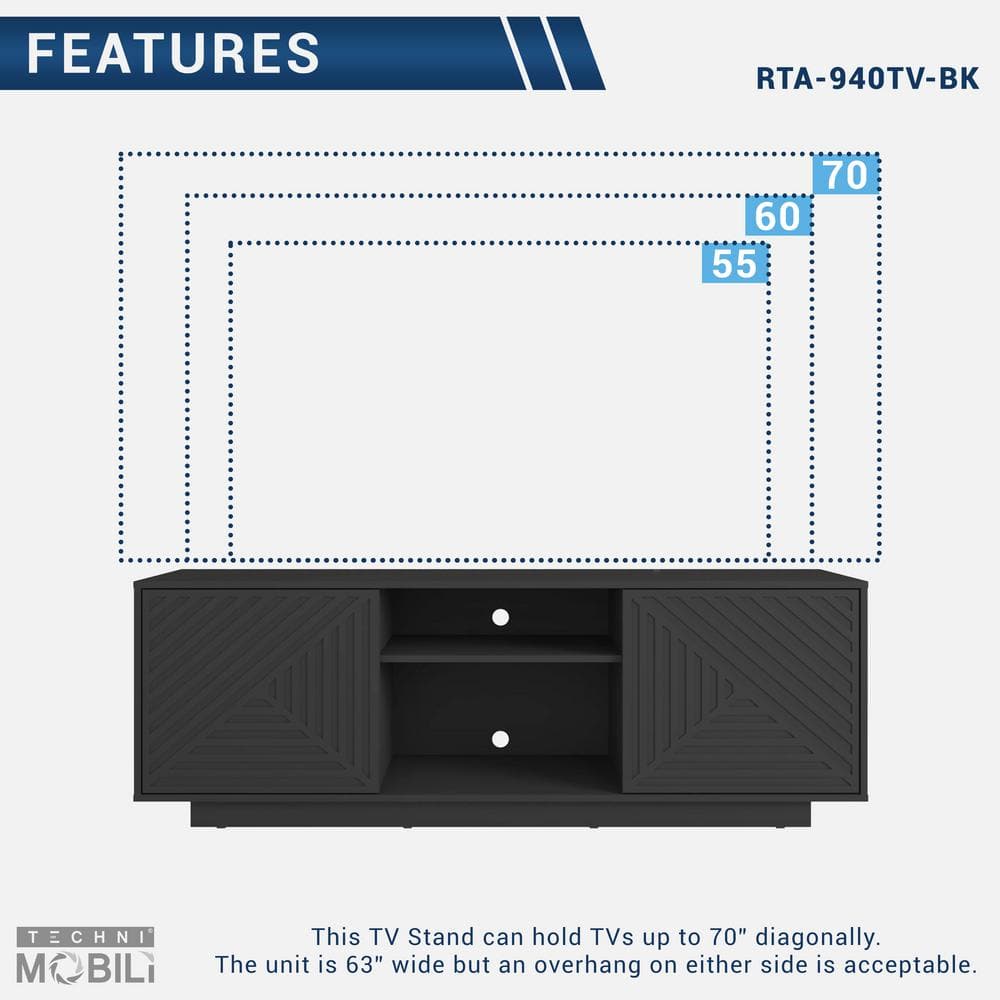 Black Particle Board TV Stand with Chevron Pattern Doors, 63"
