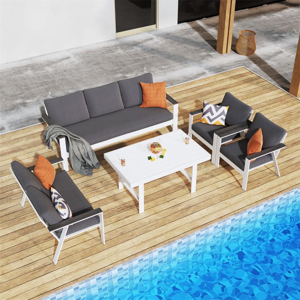 5-Piece White Aluminum Outdoor Sectional Set with White Cushions and Coffee