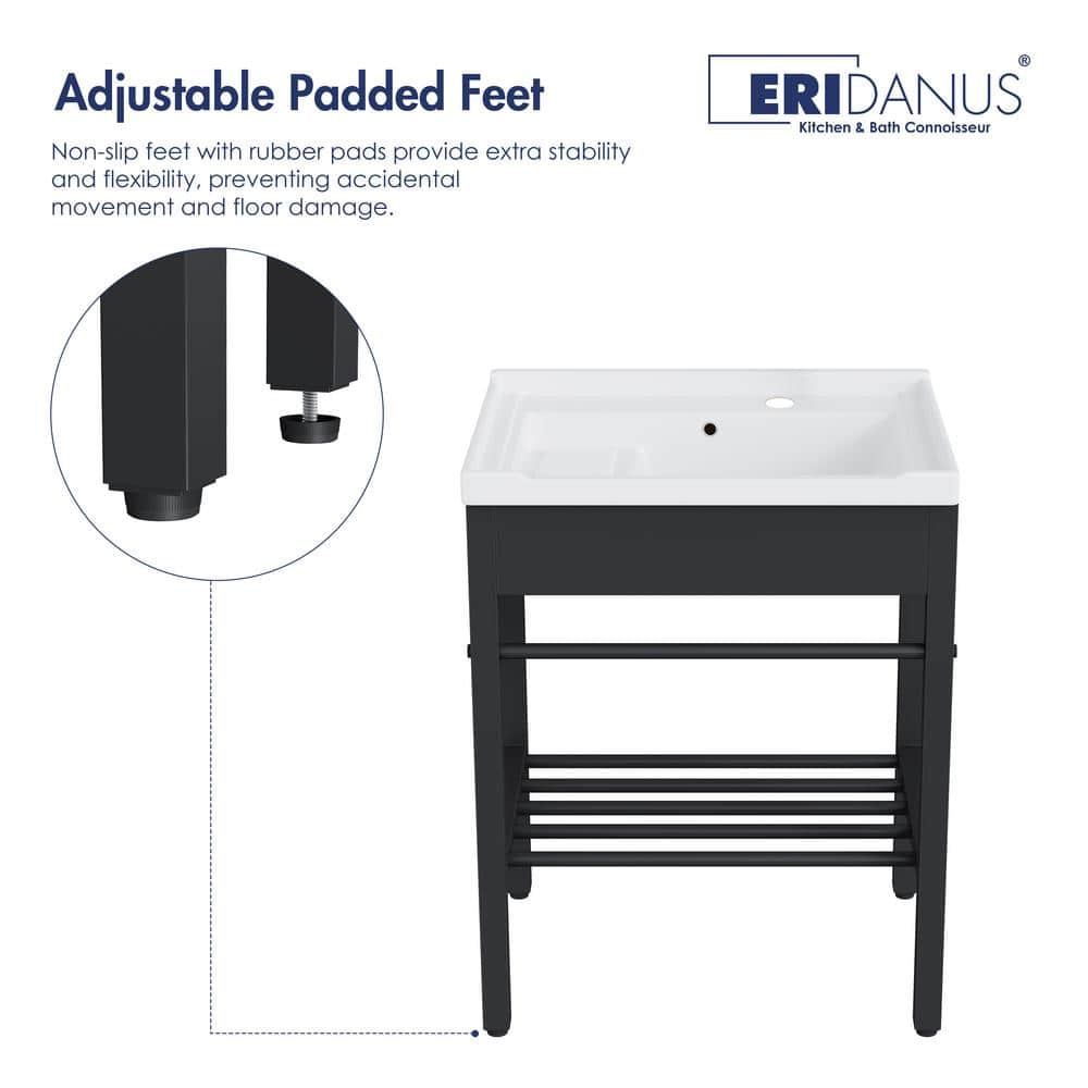 24" White Ceramic Freestanding Laundry Sink with Black Metal Frame