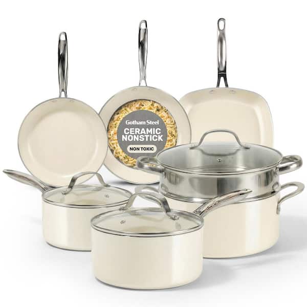 Natural Collection 12-Piece Aluminum Ultra Nonstick Cookware Set Ceramic Pots and Pans Set in Cream