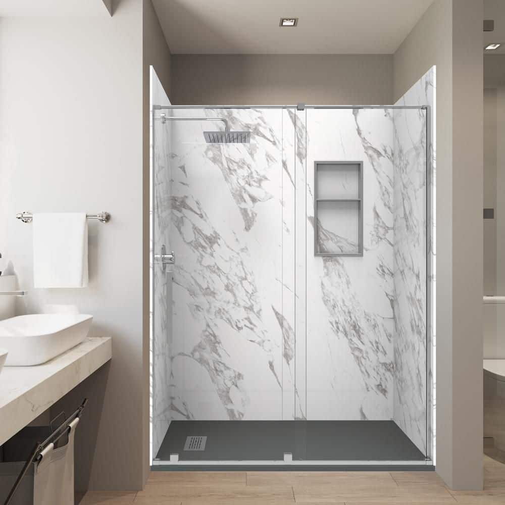 Carrara 32in. x 60in. x 84in. Combo Solid Composite Stone Alcove Shower Kit Matching Chrome Door, Niche & Drain price history on PriceWatchPro