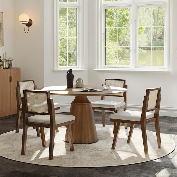 Augus Acorn 19 in.W Modern Reversible Woven Rattan Backrest Dining Chair with Solid Wood Legs Set of-4