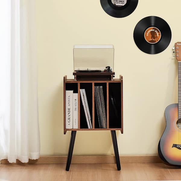 SKYSHALO Record Player Stand, 2 Tiers Turntable Stand with 4 Cabinets, Holds up to 100 Albums, Storage Cabinet, Brown 16.54 in