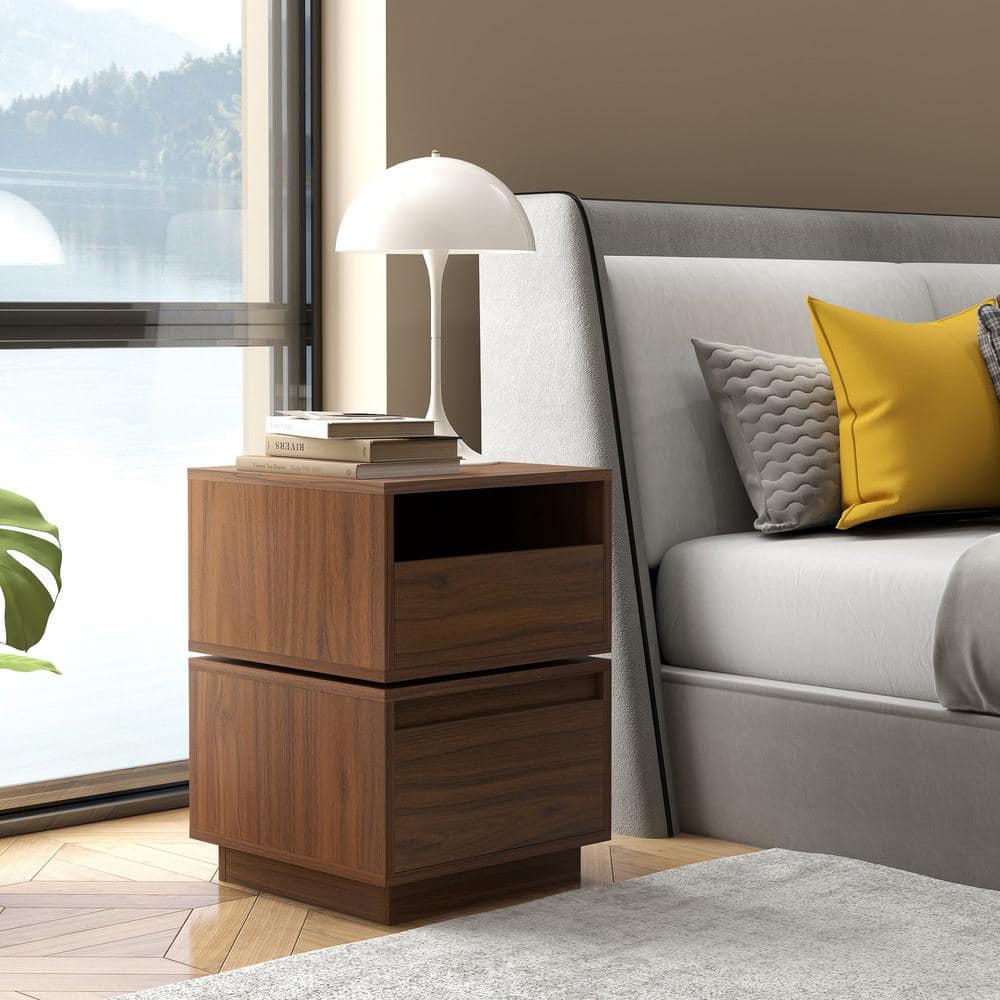 Walnut 2-Drawer 15.74 in. Rotatable Nightstand End Table for Bedroom, Close