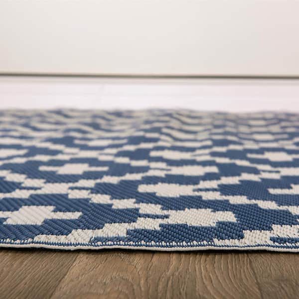Hawaii Navy 3 ft. x 5 ft.  Trellis Geometric Reversible Plastic Outdoor Area Rug